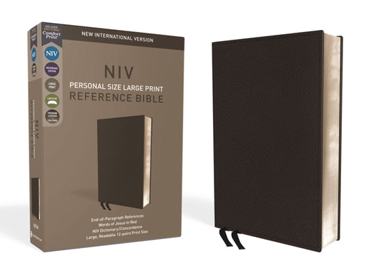 NIV, Personal Size Reference Bible, Large Print, Premium Leather, Black, Red Letter Edition, Comfort Print by Zondervan book cover