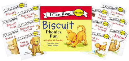 Book cover of Biscuit 12-Book Phonics Fun!: A Box of 12 Mini-Books Featuring Short and Long Vowel Sounds by Capucilli, Alyssa Satin