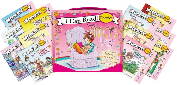 Book cover of Fancy Nancy's 12-Book Fantastic Phonics Fun!: Includes 12 Mini-Books Featuring Short and Long Vowel Sounds by O'Connor, Jane