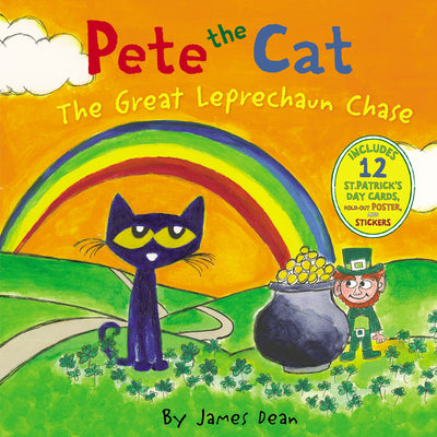 Book cover of Pete the Cat: The Great Leprechaun Chase: Includes 12 St. Patrick's Day Cards, Fold-Out Poster, and Stickers! by Dean, James