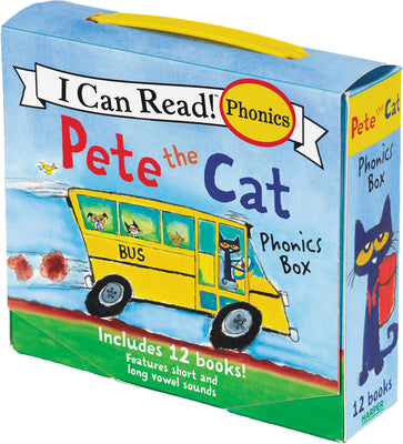 Book cover of Pete the Cat 12-Book Phonics Fun!: A Box of 12 Mini-Books Featuring Short and Long Vowel Sounds by Dean, James