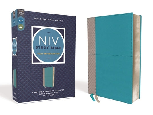 Book cover of NIV Study Bible, Fully Revised Edition, Leathersoft, Teal/Gray, Red Letter, Comfort Print by Barker, Kenneth L.