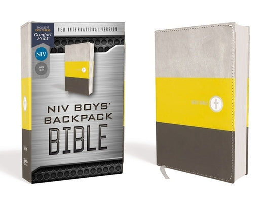 Book cover of Niv, Boys' Backpack Bible, Compact, Leathersoft, Yellow/Gray, Red Letter Edition, Comfort Print by Zondervan