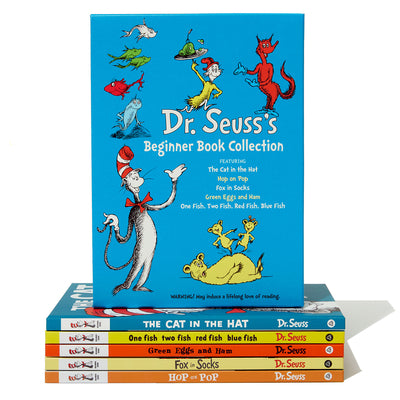 Book cover of Dr. Seuss's Beginner Book Boxed Set Collection: The Cat in the Hat; One Fish Two Fish Red Fish Blue Fish; Green Eggs and Ham; Hop on Pop; Fox in Socks by Dr Seuss