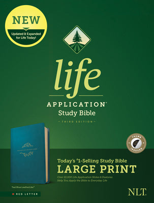 Book cover of NLT Life Application Study Bible, Third Edition, Large Print (Leatherlike, Teal Blue, Indexed) by New Living Translation