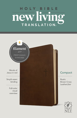 Book cover of NLT Compact Bible, Filament Enabled (Leatherlike, Rustic Brown Cross, Red Letter) by New Living Translation