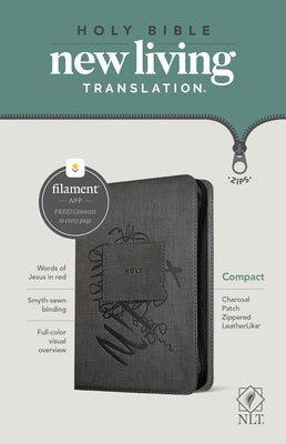 Book cover of NLT Compact Zipper Bible, Filament Enabled (Leatherlike, Charcoal Patch, Red Letter) by New Living Translation