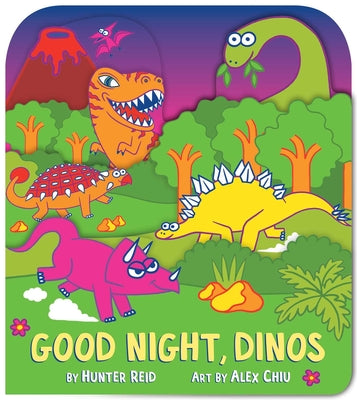 Good Night, Dinos (a Shaped Bedtime Novelty Board Book for Toddlers) by Hunter Reid book cover