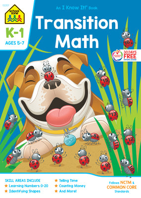 Book cover of School Zone Transition Math Grades K-1 Workbook by Zone, School