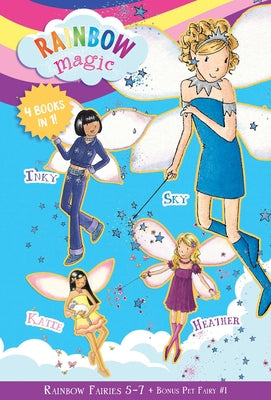 Rainbow Magic Rainbow Fairies: Books #5-7 with Special Pet Fairies Book #1: Sky the Blue Fairy, Inky the Indigo Fairy, Heather the Violet Fairy, Katie by Daisy Meadows book cover