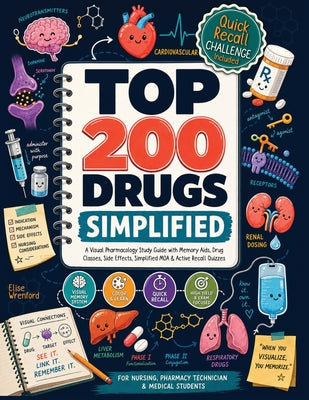 Top 200 Drugs Simplified: A Visual Pharmacology Study Guide with Memory Aids, Drug Classes, Side Effects, Simplified MOA & Active Recall Quizzes by Elise Wrenford book cover