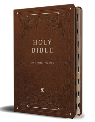 KJV Holy Bible, Giant Print Thinline Large Format, Brown Premium Imitation Leather with Ribbon Marker, Red Letter, and Thumb Index by Origin book cover
